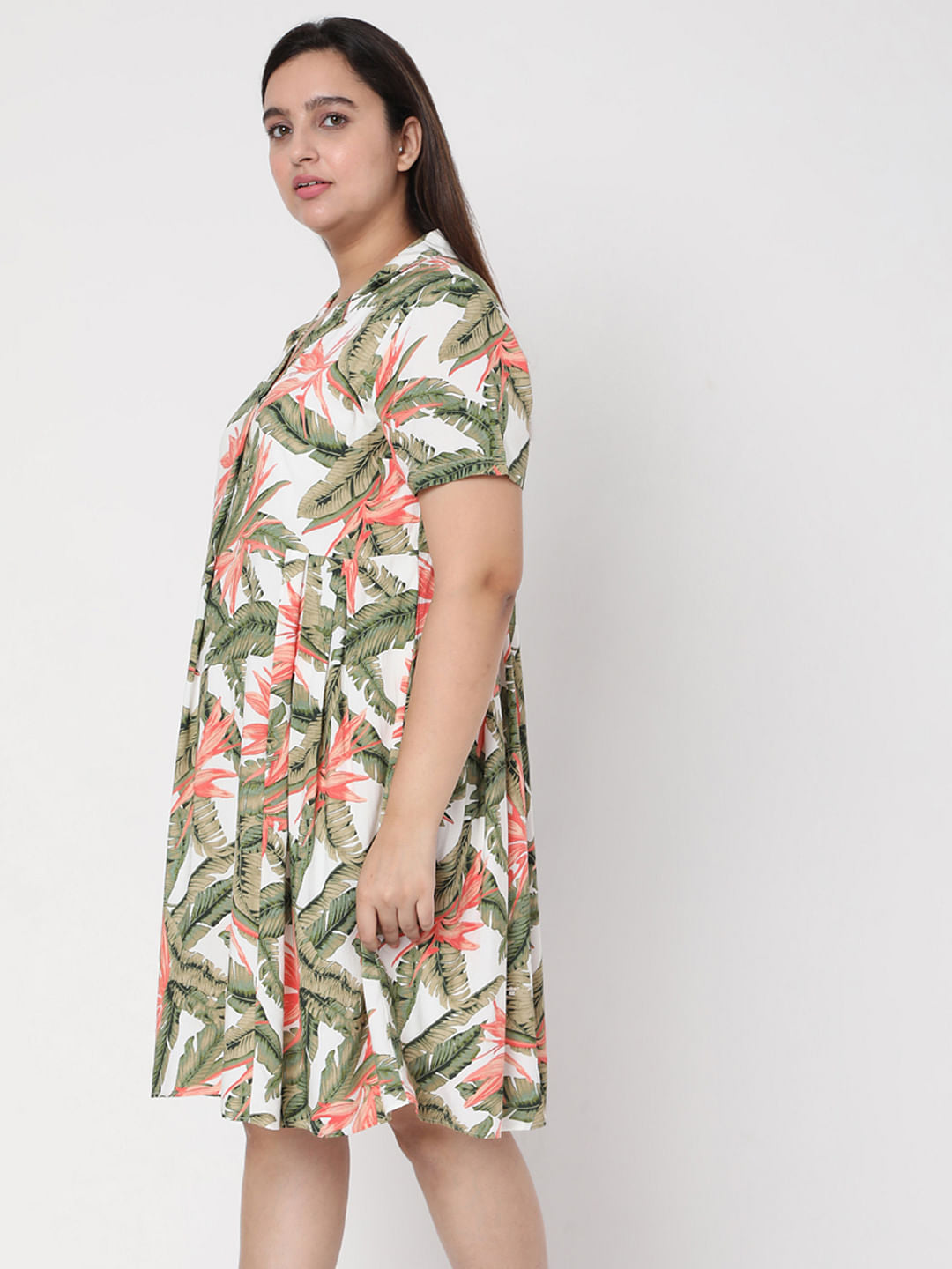 Curve White Collared Tropical Print Dress