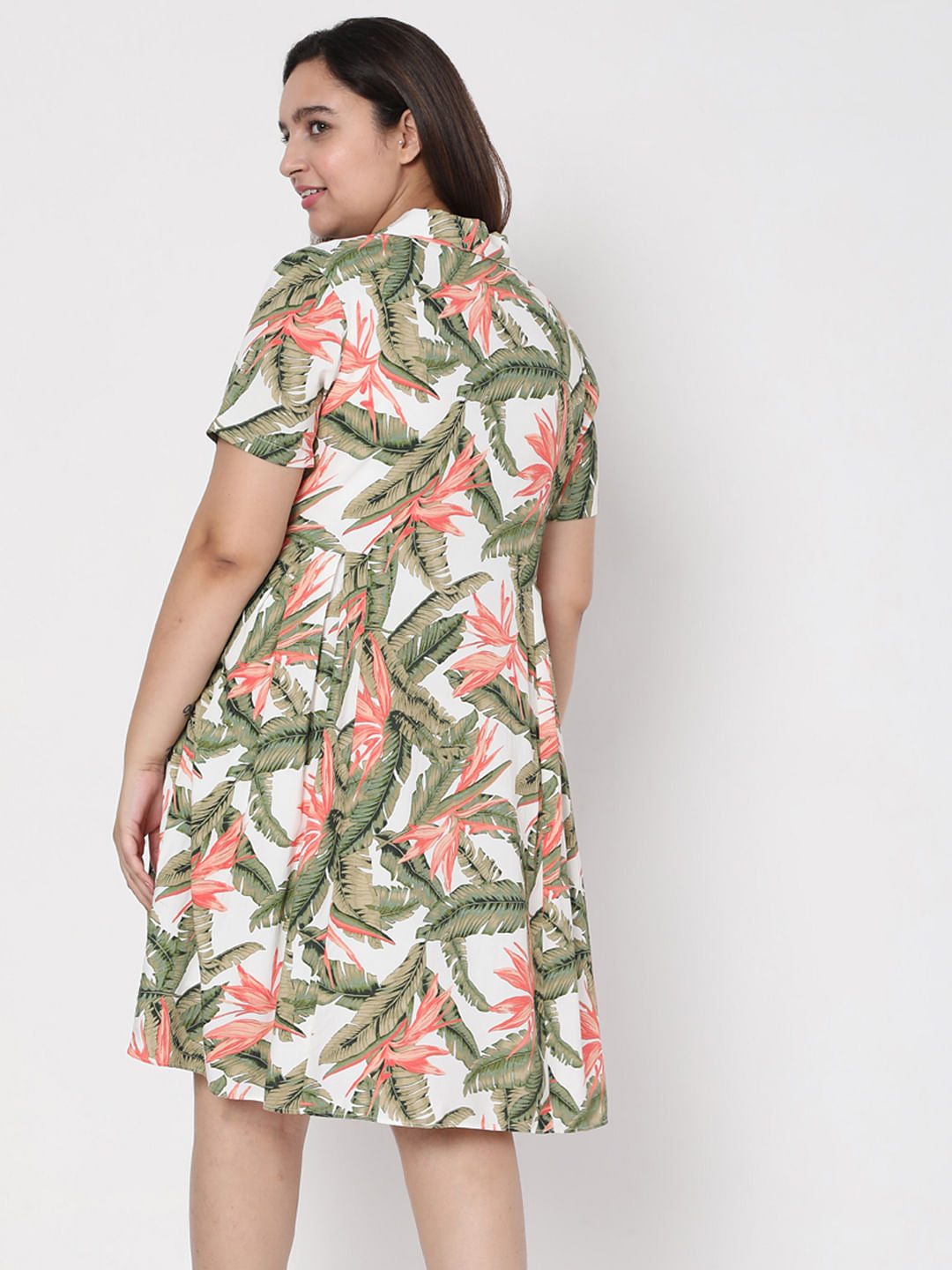 Curve White Collared Tropical Print Dress