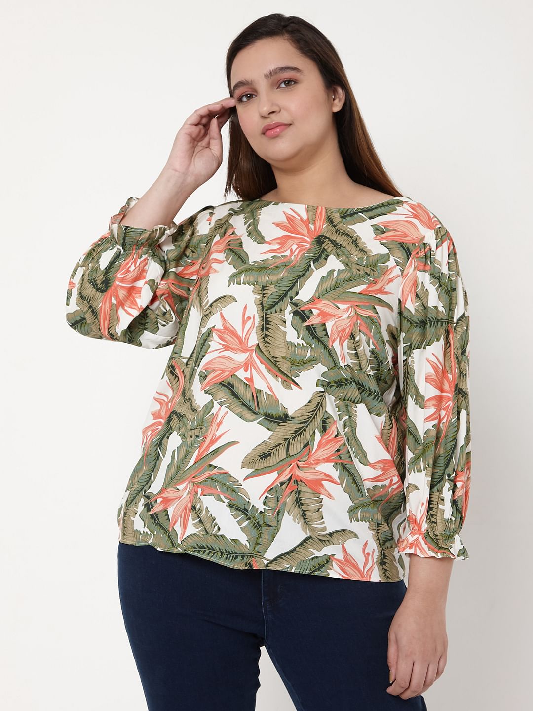 Curve White Tropical Print Top