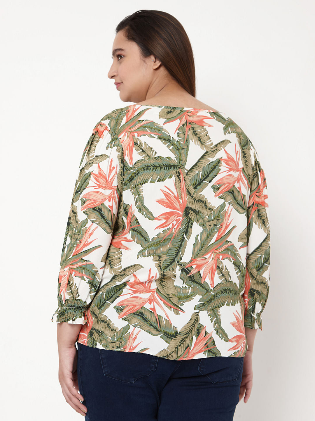 Curve White Tropical Print Top