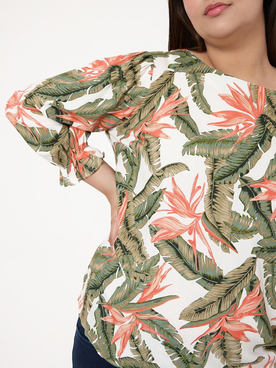 Curve White Tropical Print Top