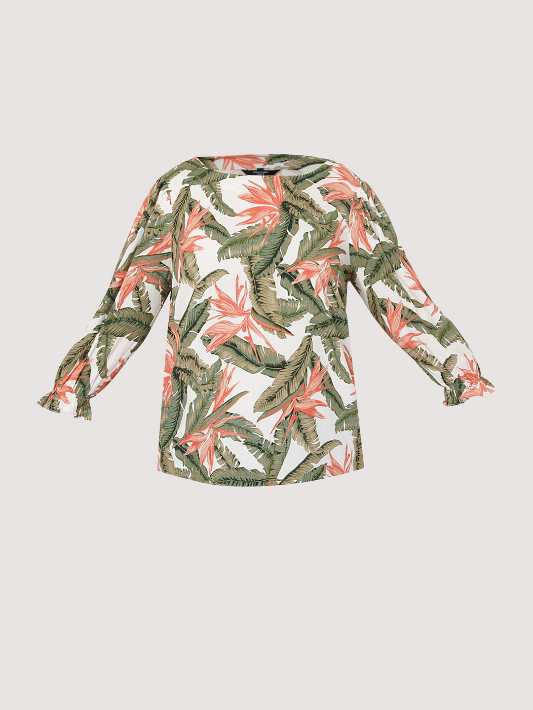 Curve White Tropical Print Top
