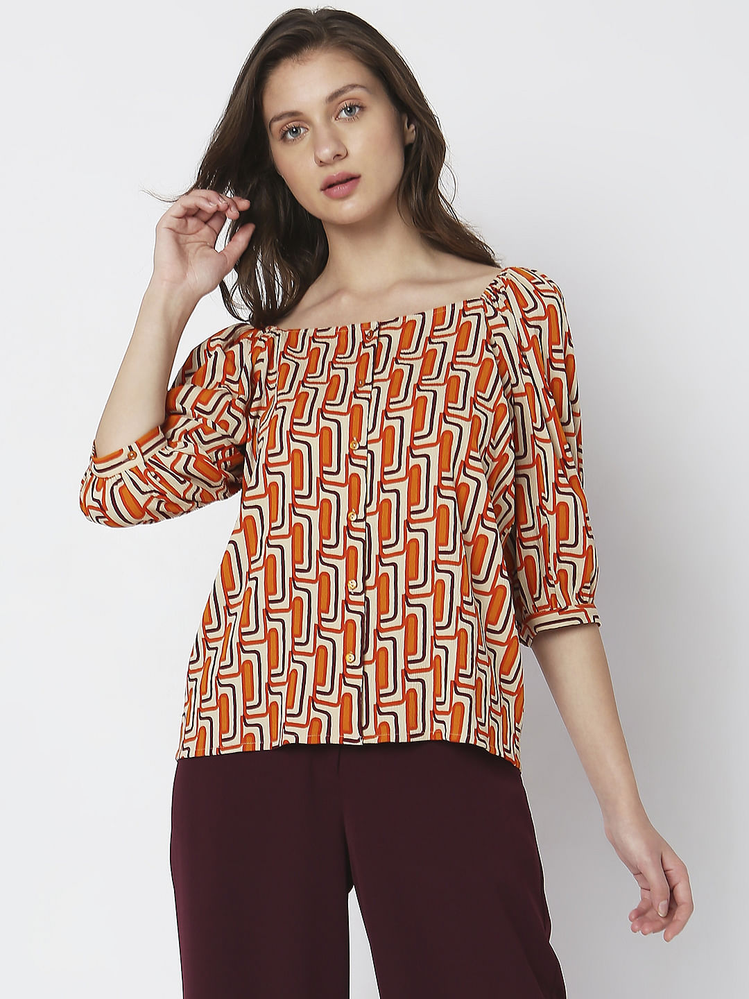 Orange Printed Buttoned Top