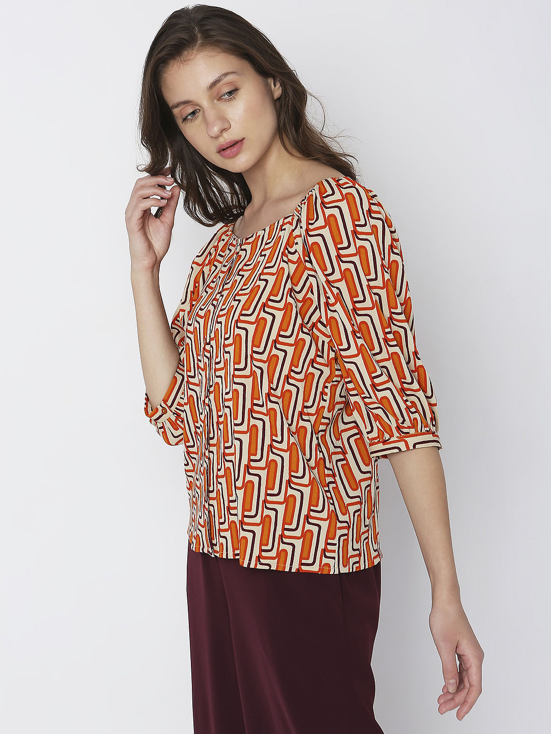 Orange Printed Buttoned Top