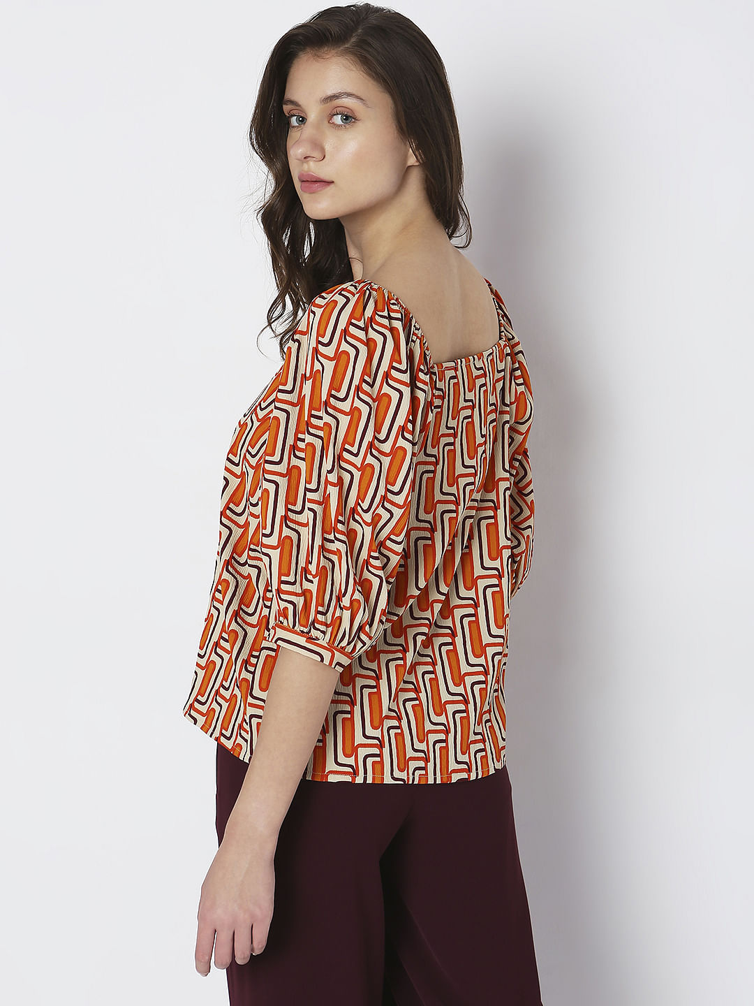 Orange Printed Buttoned Top