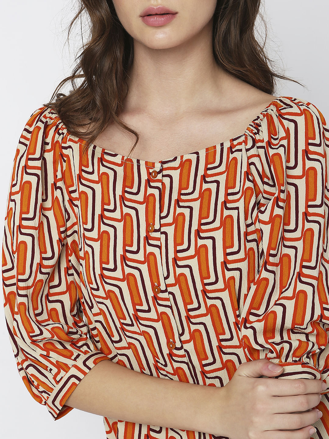 Orange Printed Buttoned Top