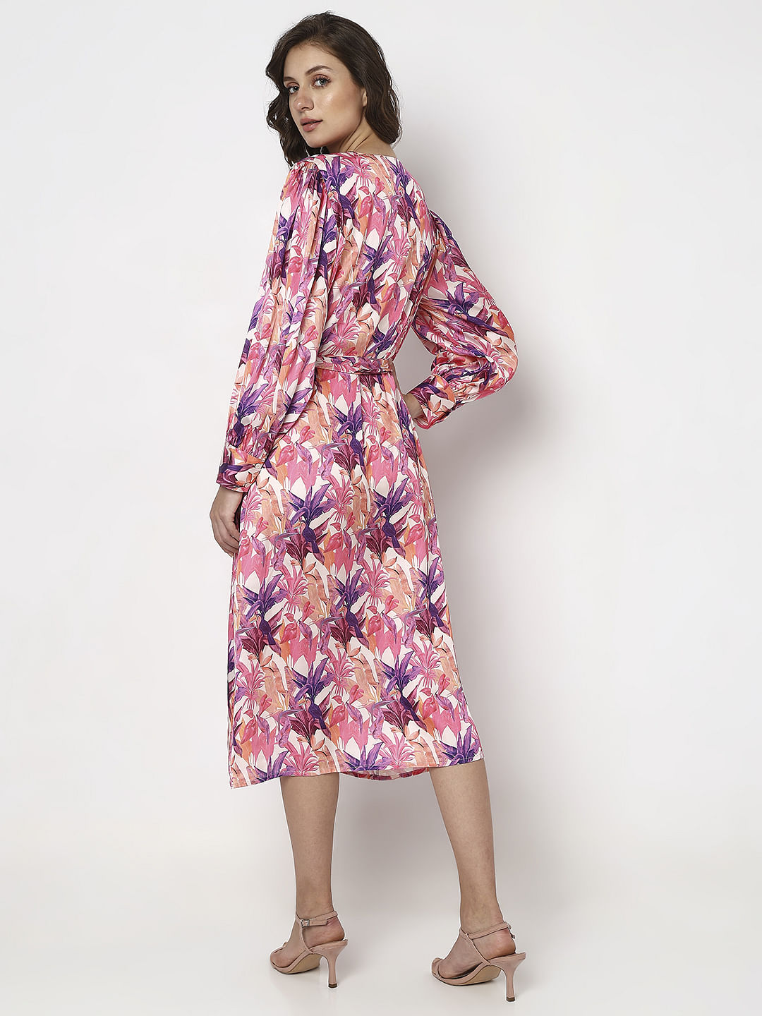 Pink Tropical Print Midi Dress