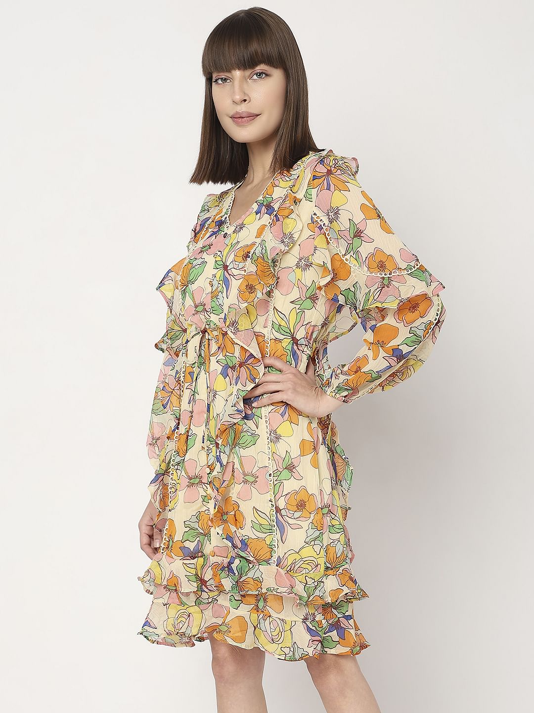 Yellow Floral Ruffle Dress