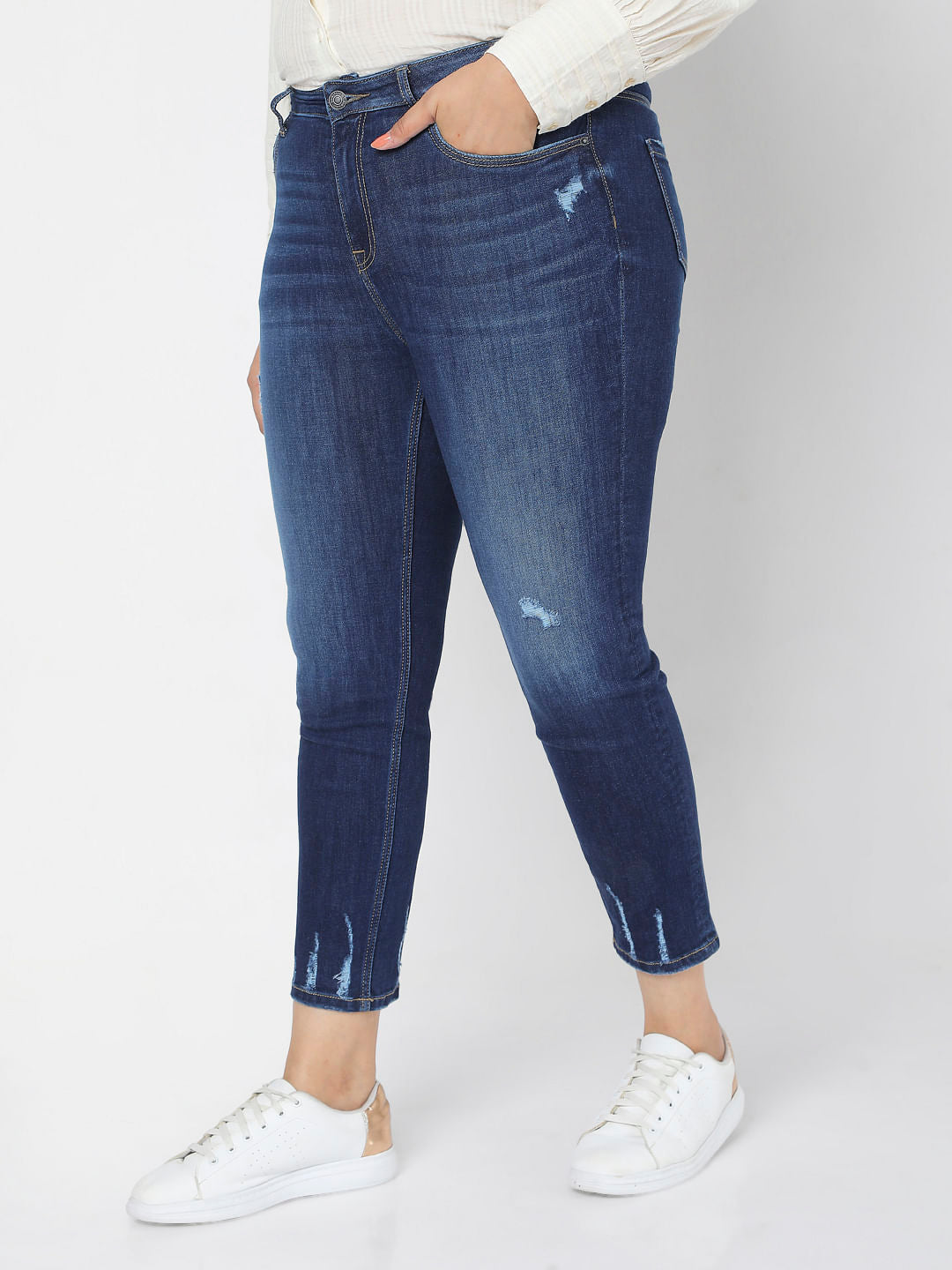 Curve Blue High Rise Ripped Skinny Jeans