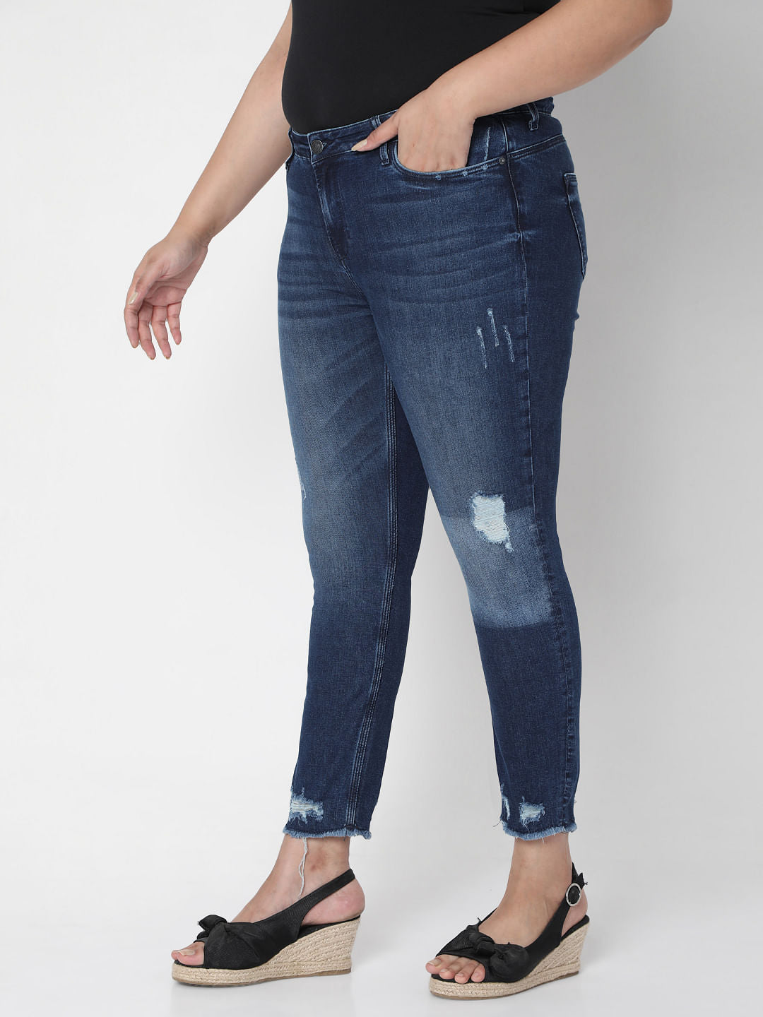 Curve Blue Mid Rise Distressed Jeans