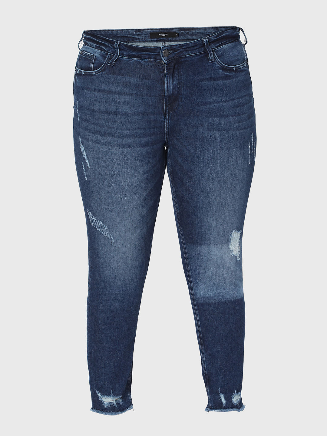 Curve Blue Mid Rise Distressed Jeans