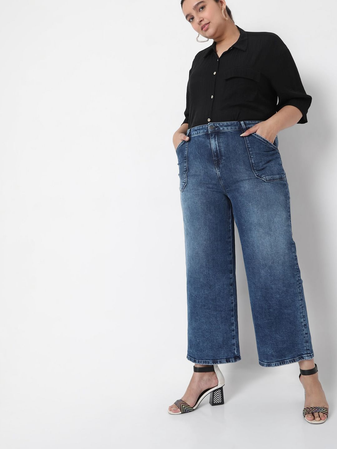 Curve Blue Mid Rise Wide Leg Jeans
