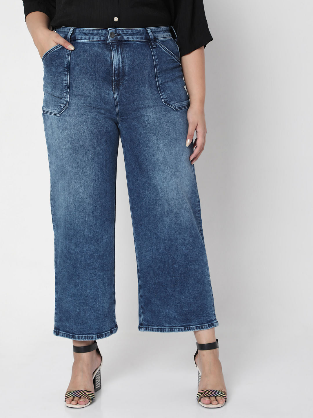 Curve Blue Mid Rise Wide Leg Jeans