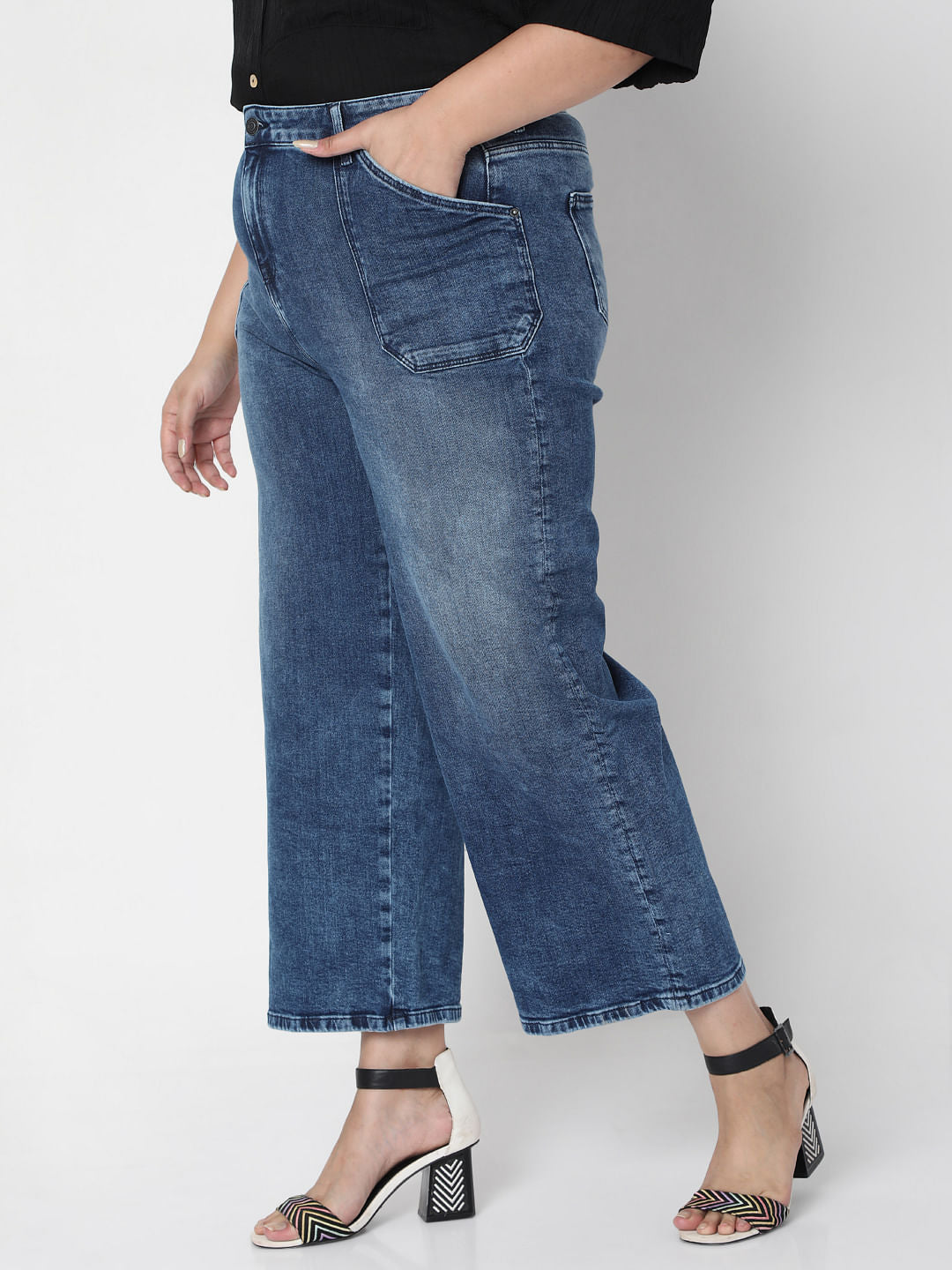 Curve Blue Mid Rise Wide Leg Jeans