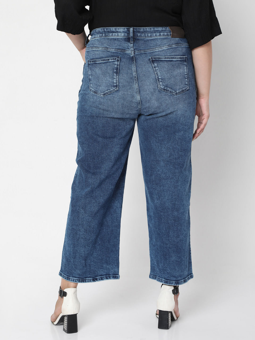 Curve Blue Mid Rise Wide Leg Jeans