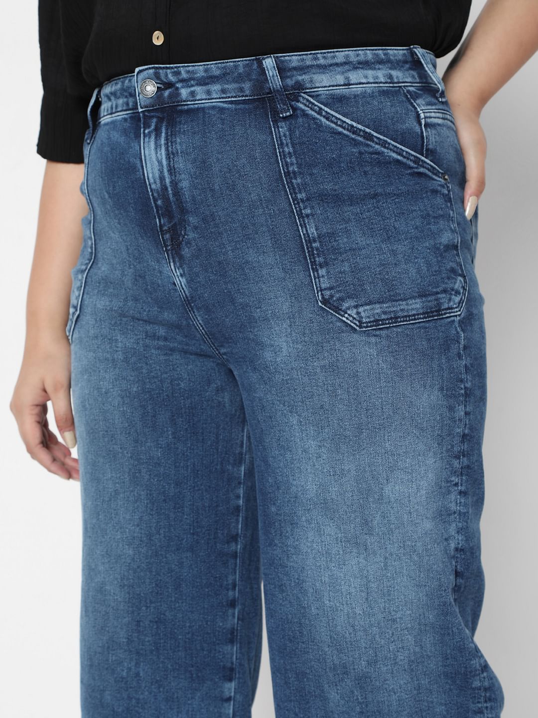 Curve Blue Mid Rise Wide Leg Jeans