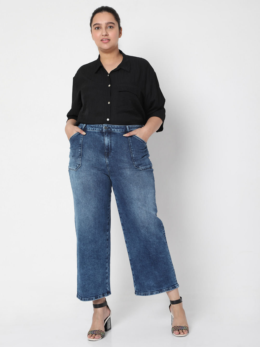 Curve Blue Mid Rise Wide Leg Jeans