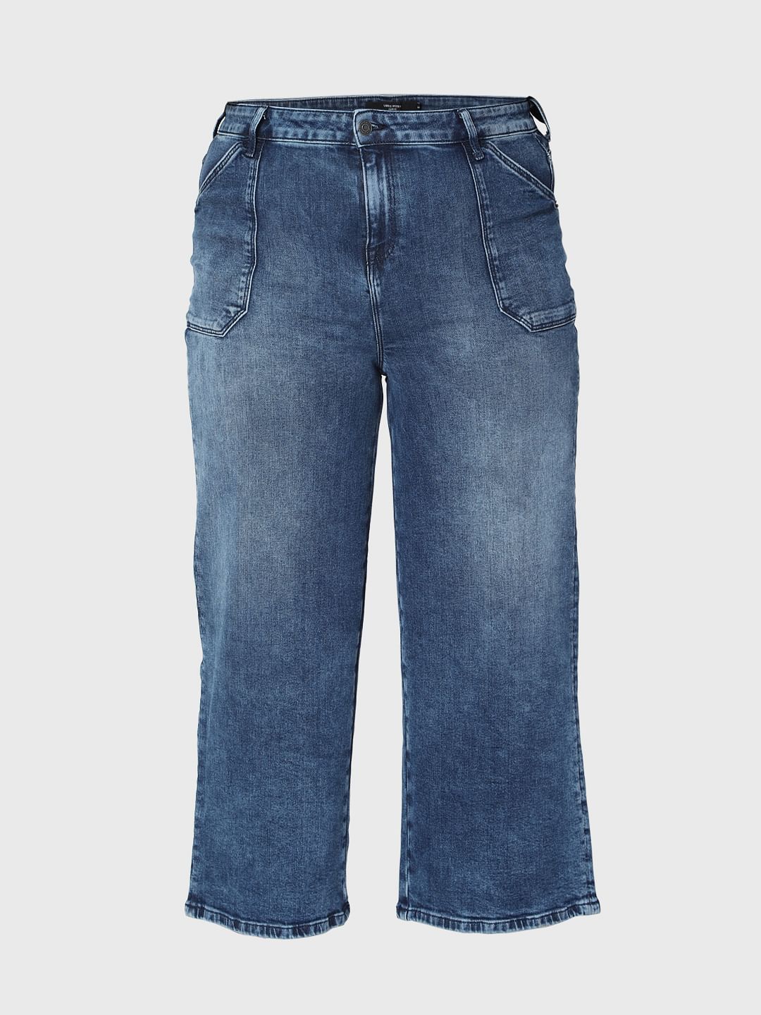 Curve Blue Mid Rise Wide Leg Jeans