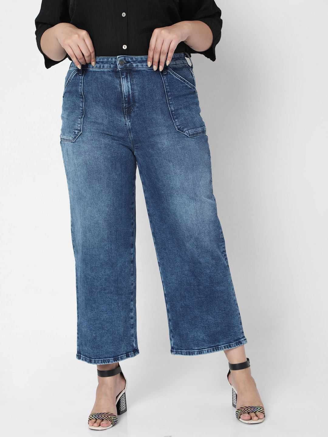 Curve Blue Mid Rise Wide Leg Jeans