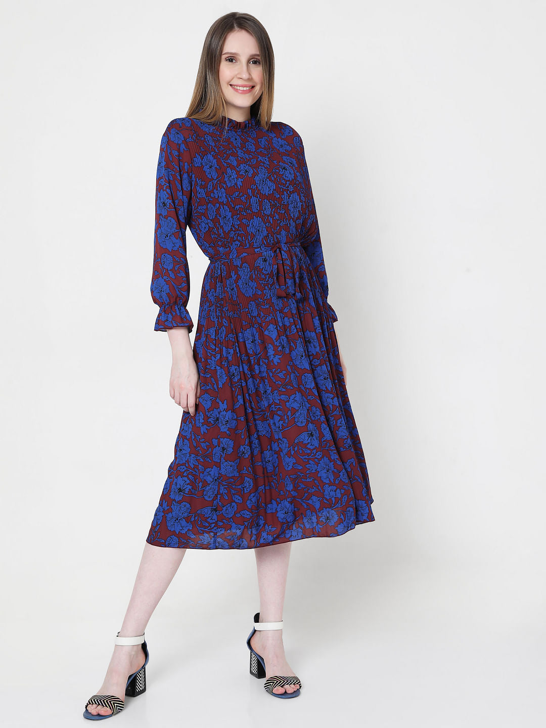 Blue & Maroon Floral Print Pleated Dress