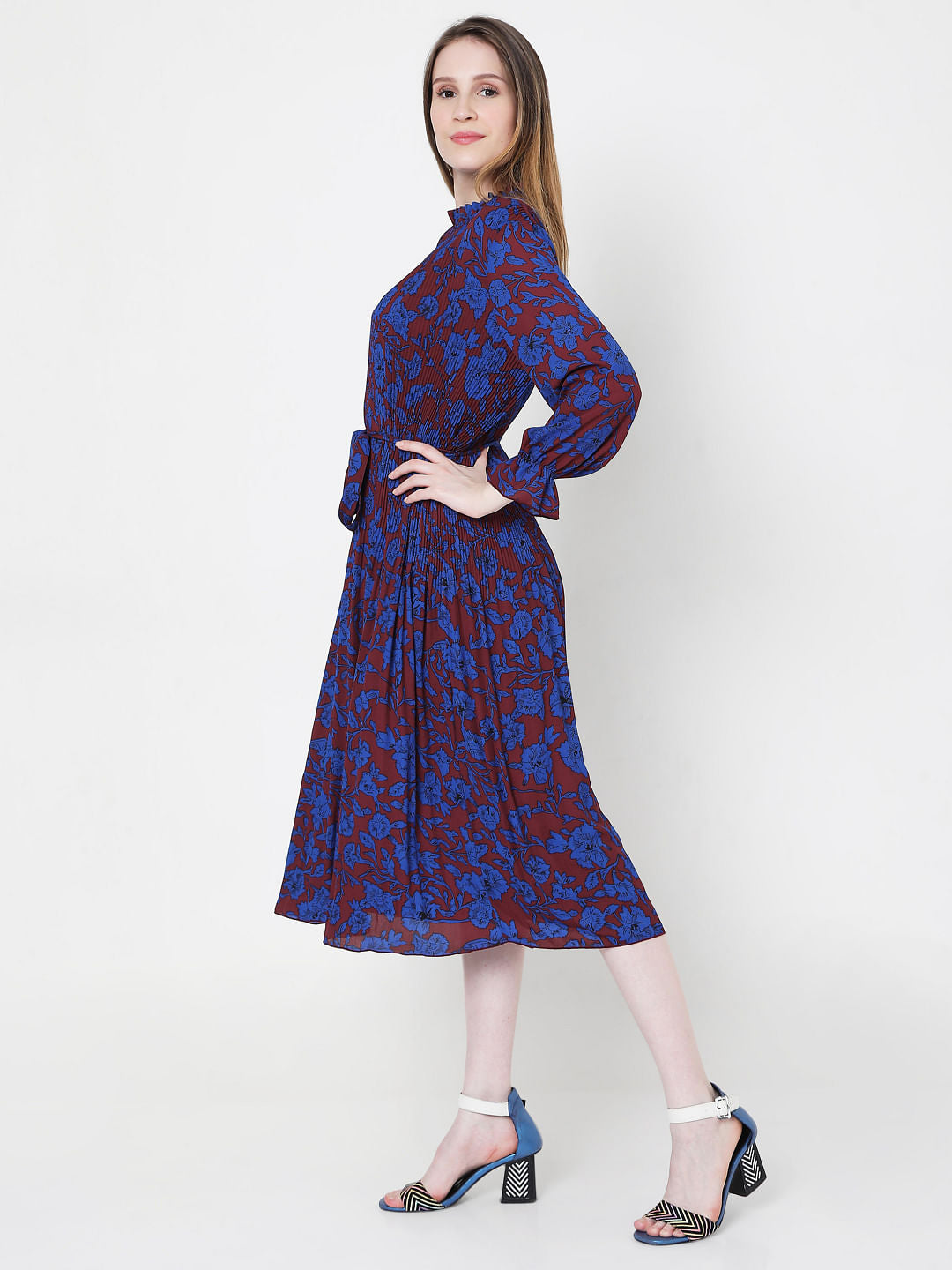 Blue & Maroon Floral Print Pleated Dress