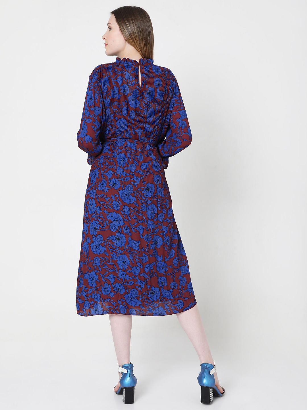 Blue & Maroon Floral Print Pleated Dress