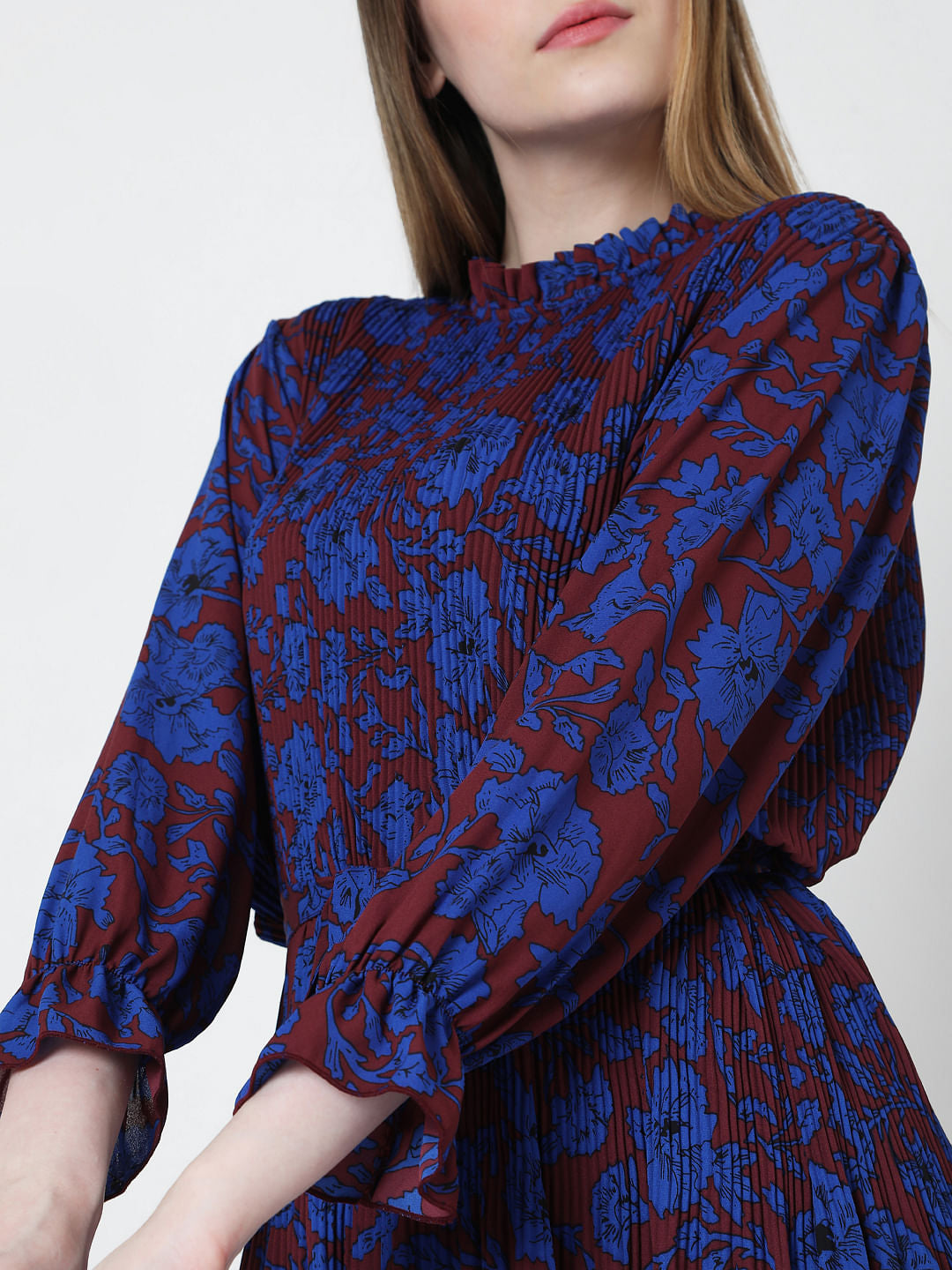Blue & Maroon Floral Print Pleated Dress