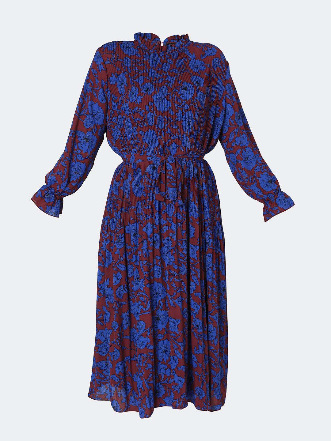 Blue & Maroon Floral Print Pleated Dress