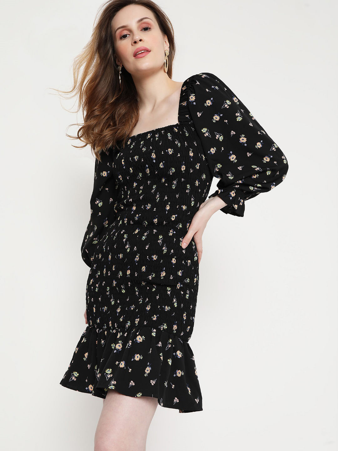 Black Floral Smock Shift Dress