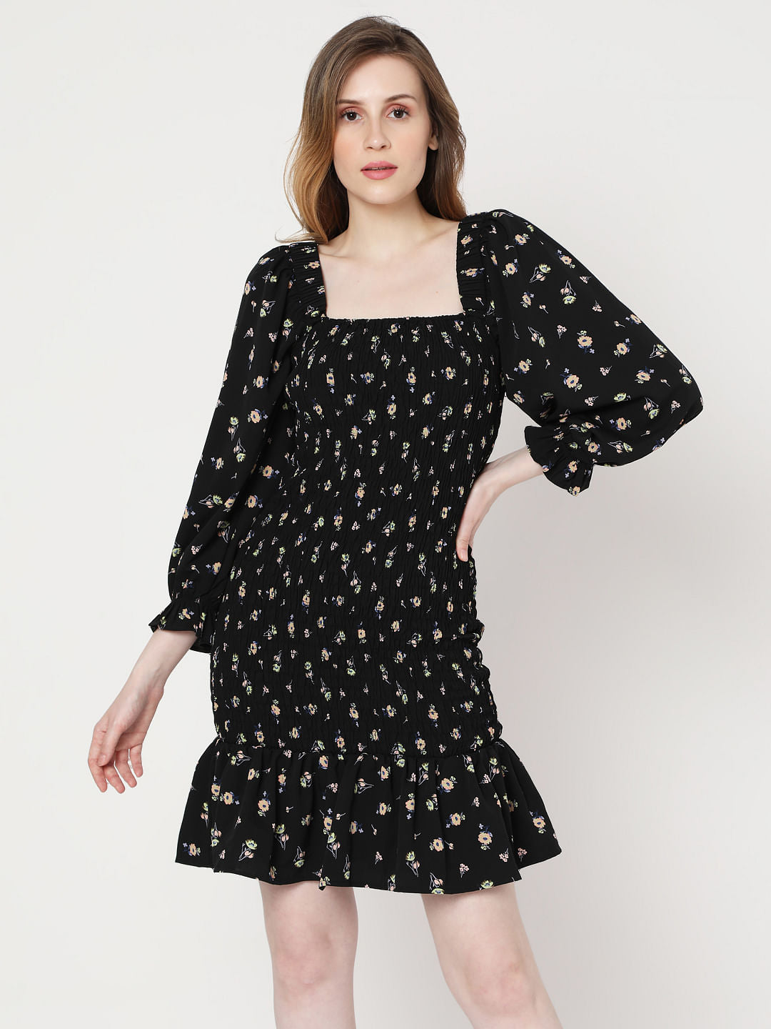 Black Floral Smock Shift Dress