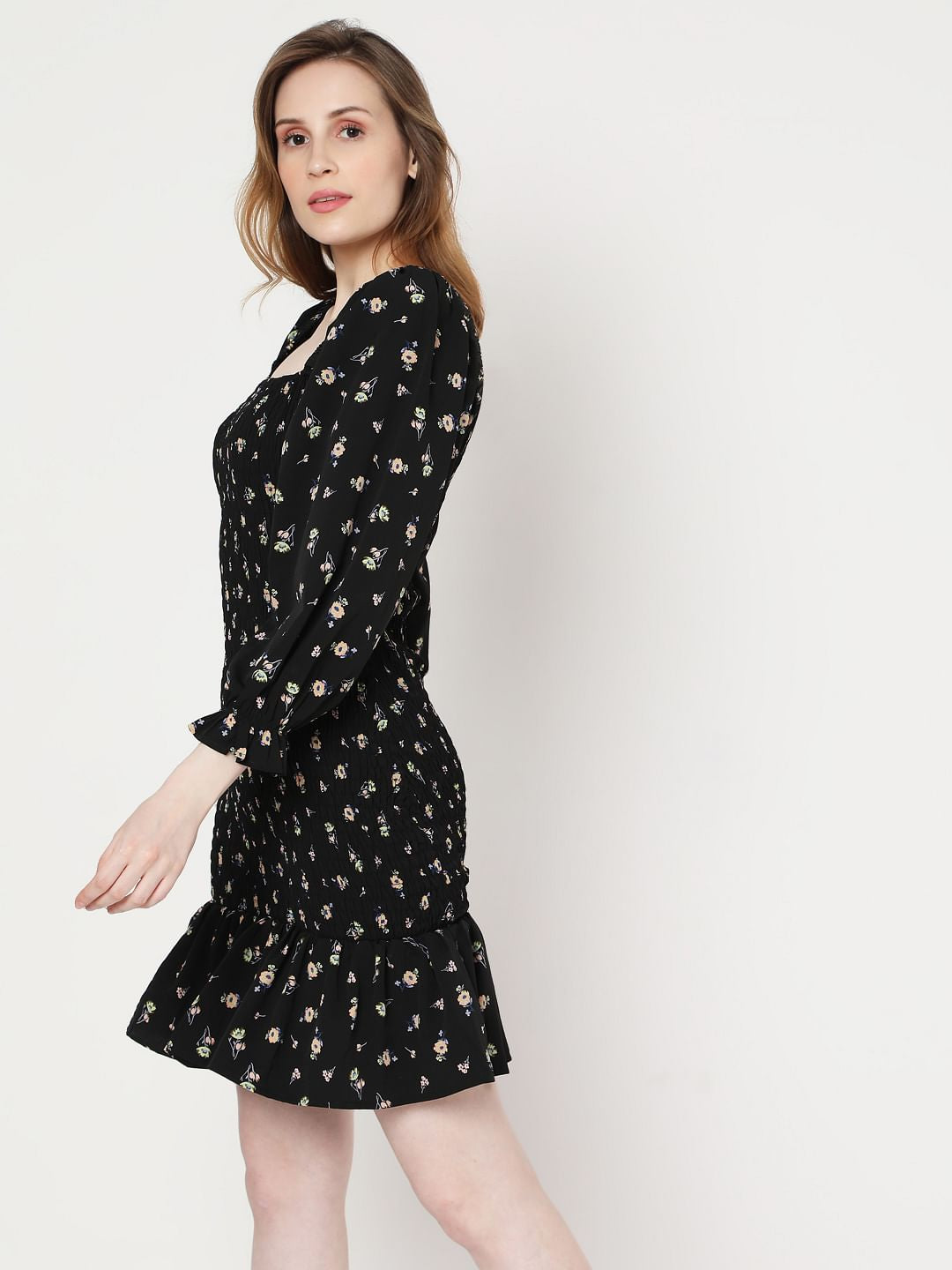 Black Floral Smock Shift Dress