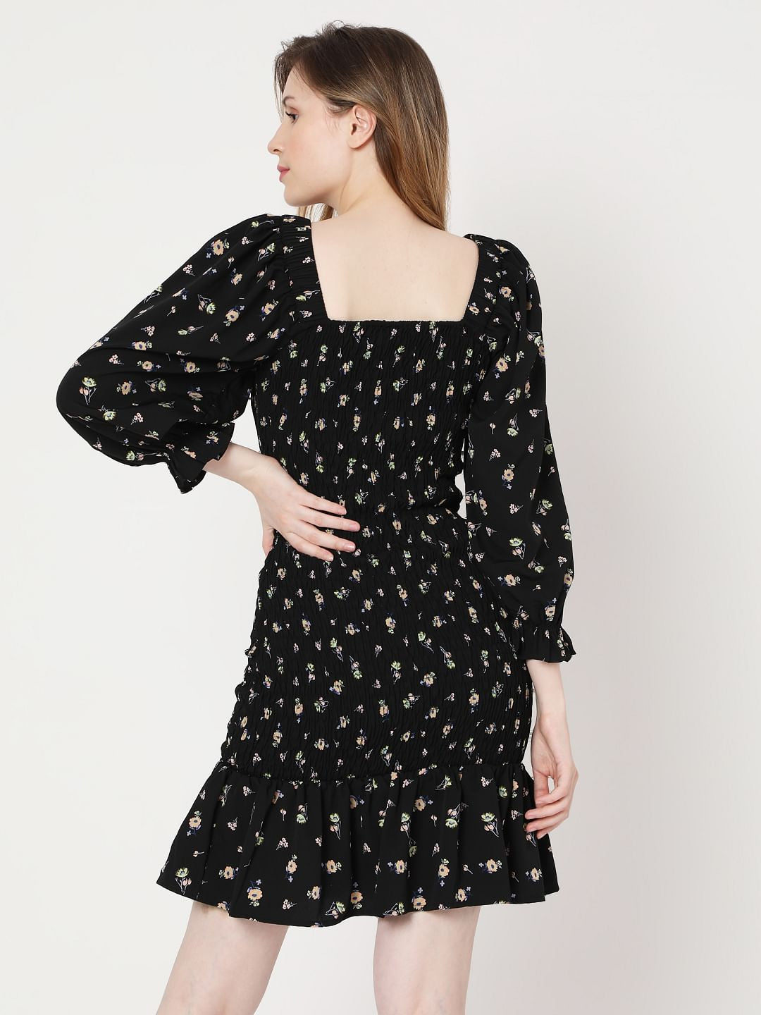 Black Floral Smock Shift Dress