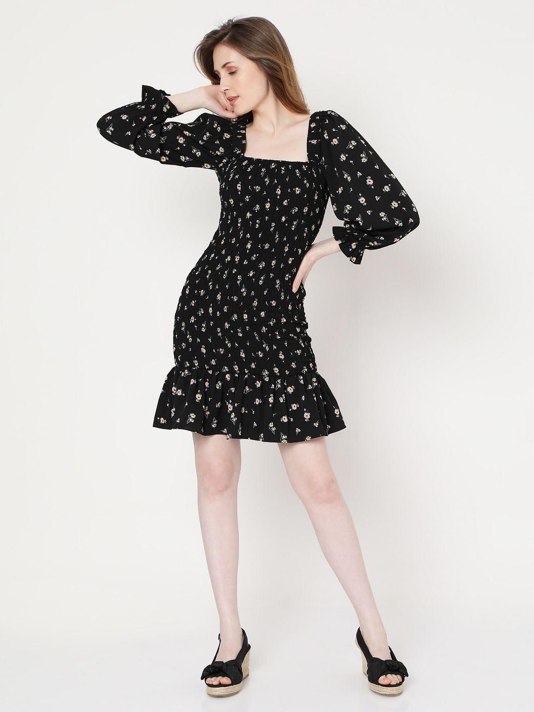 Black Floral Smock Shift Dress