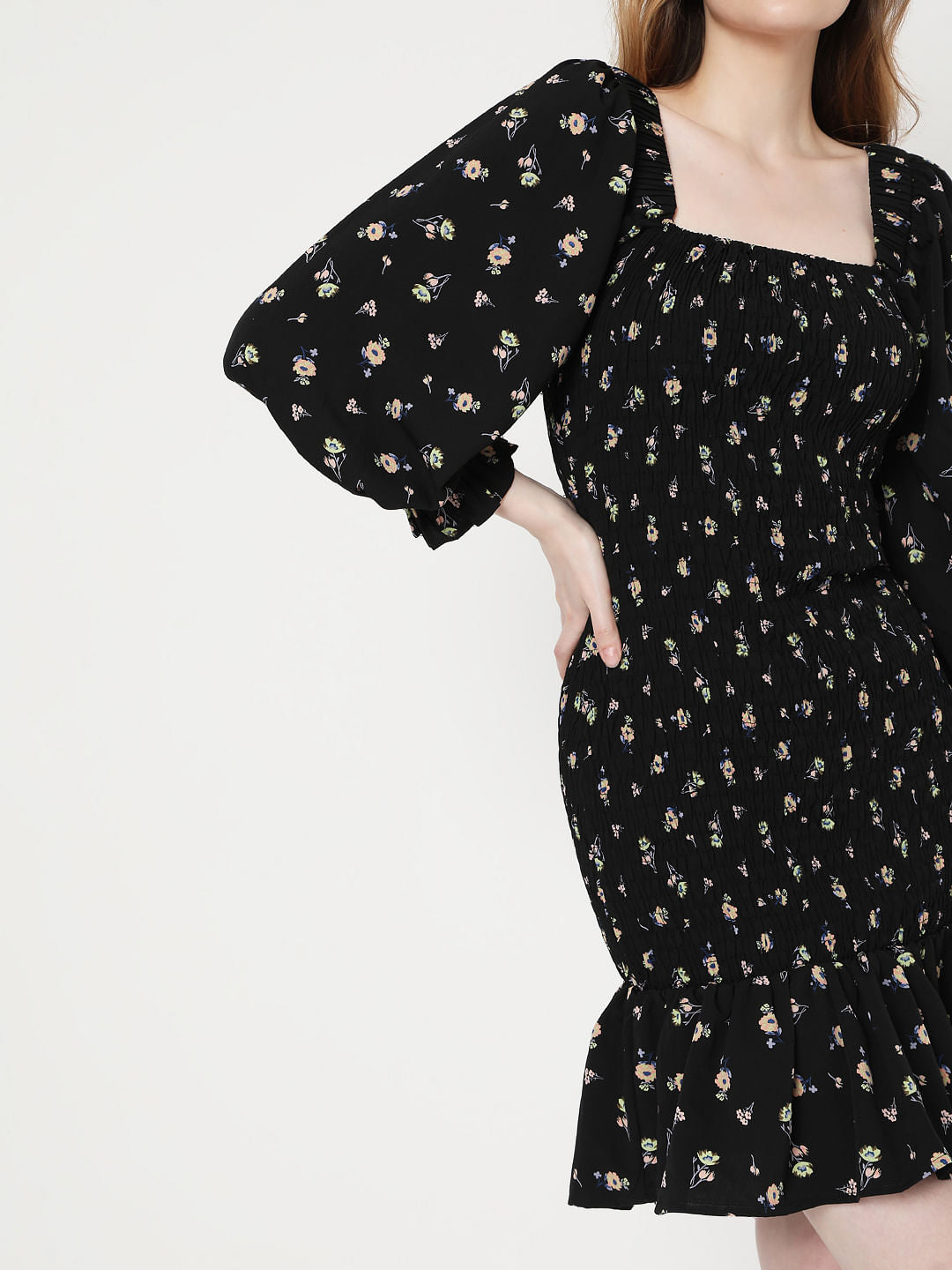 Black Floral Smock Shift Dress