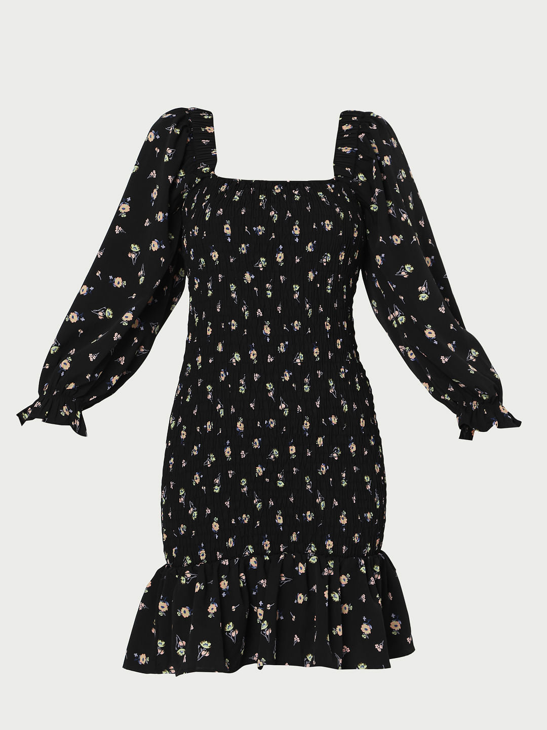 Black Floral Smock Shift Dress