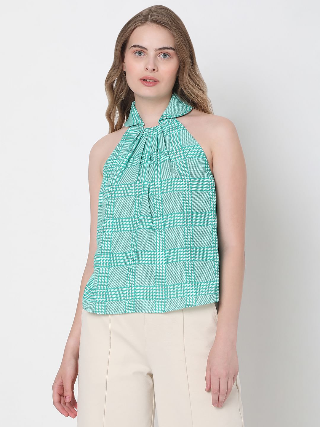 Green Check Halter Neck Co-Ord Set Top