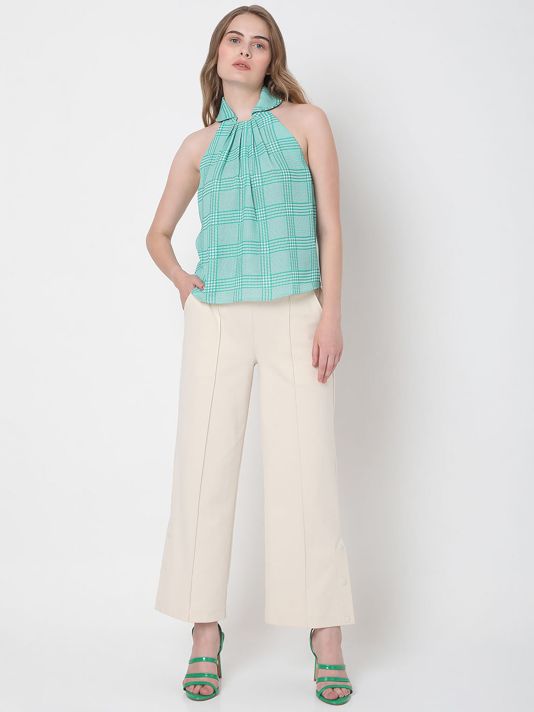 Green Check Halter Neck Co-Ord Set Top