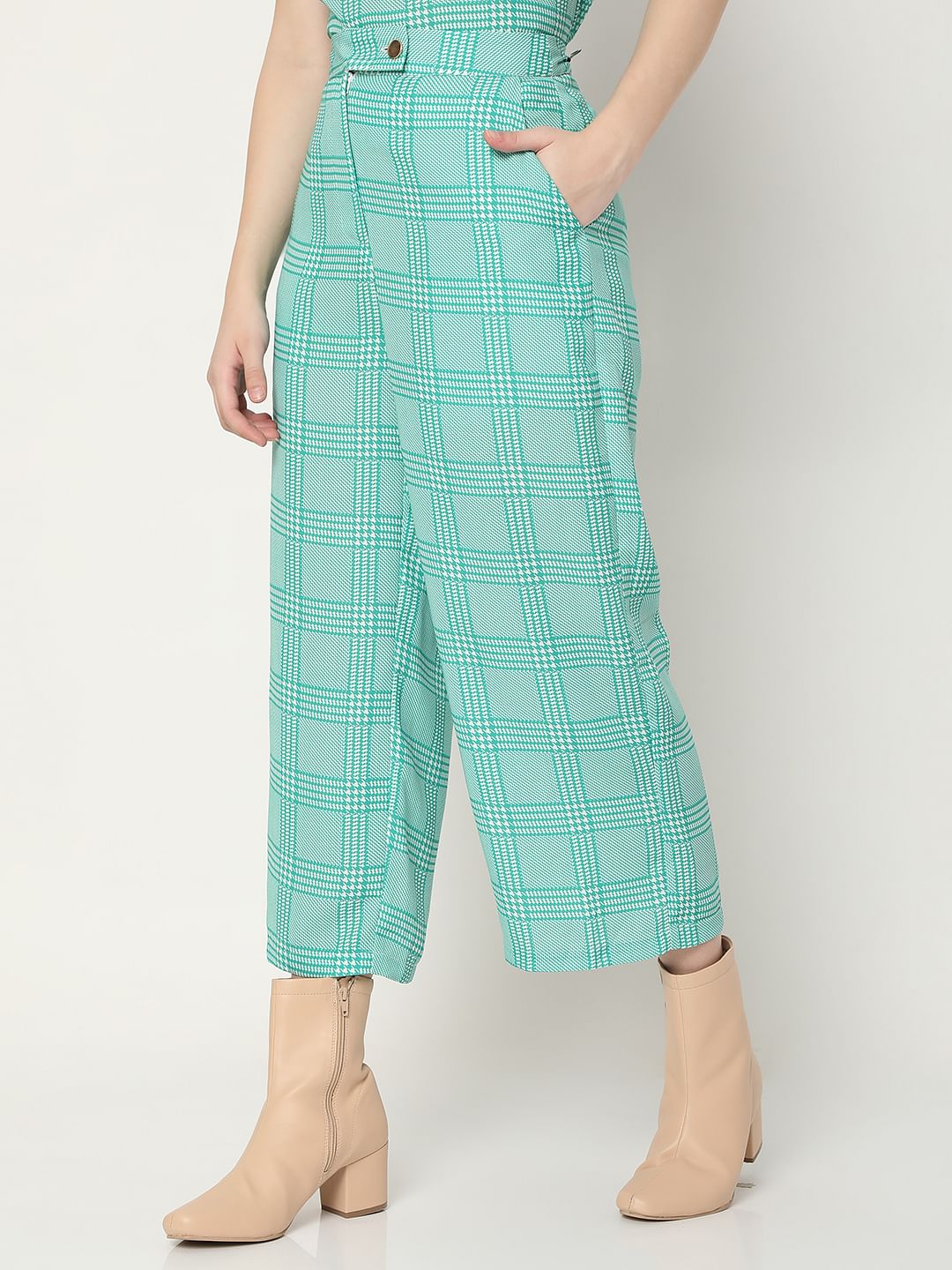 Green Mid Rise Check Co-Ord Pants