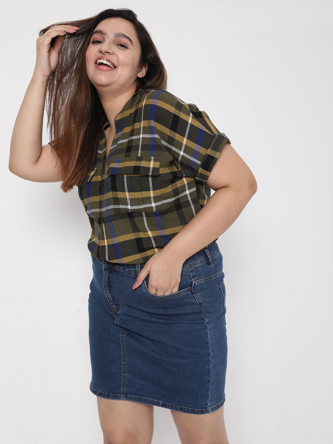 Curve Olive Green Check Top