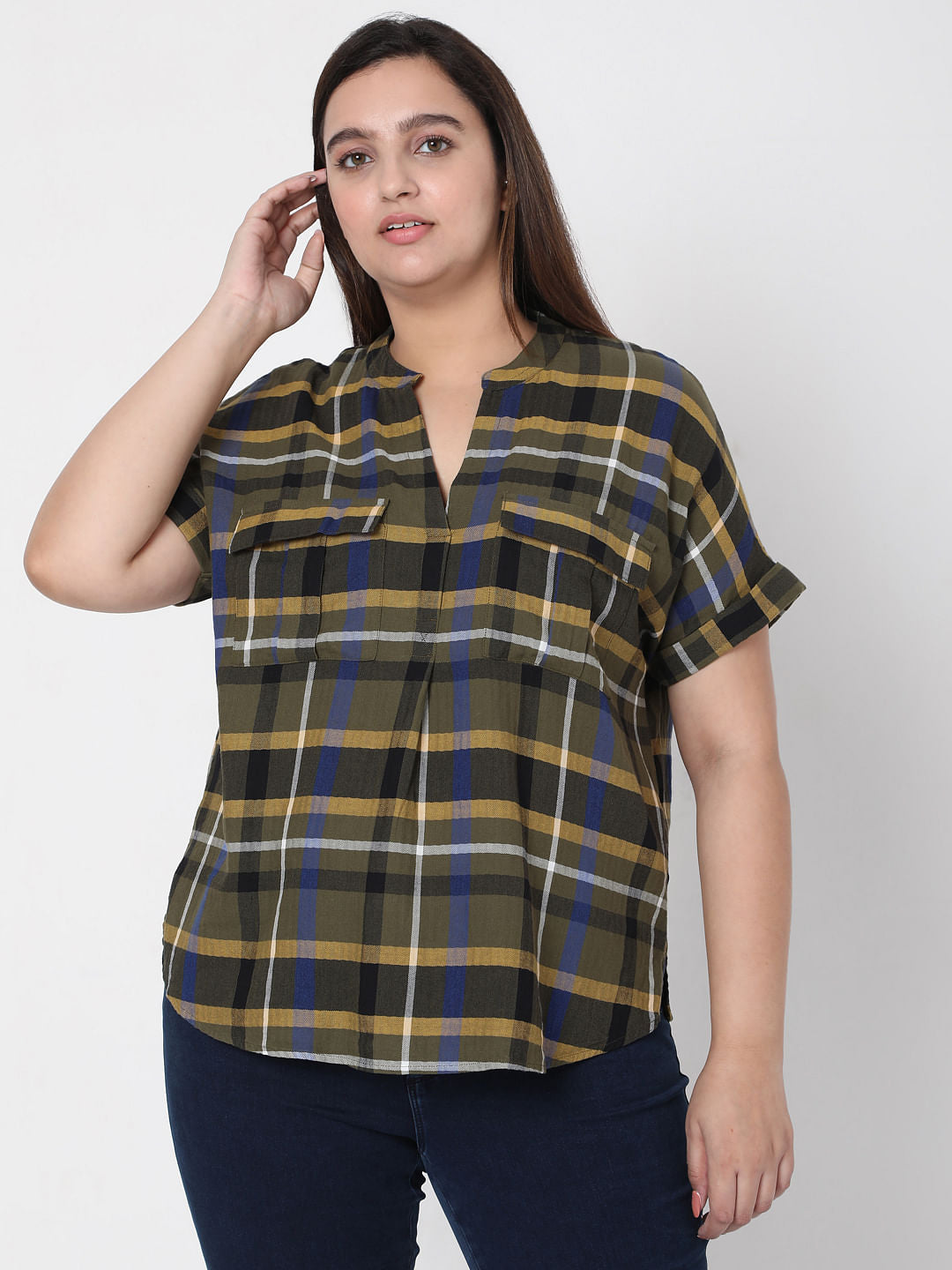 Curve Olive Green Check Top
