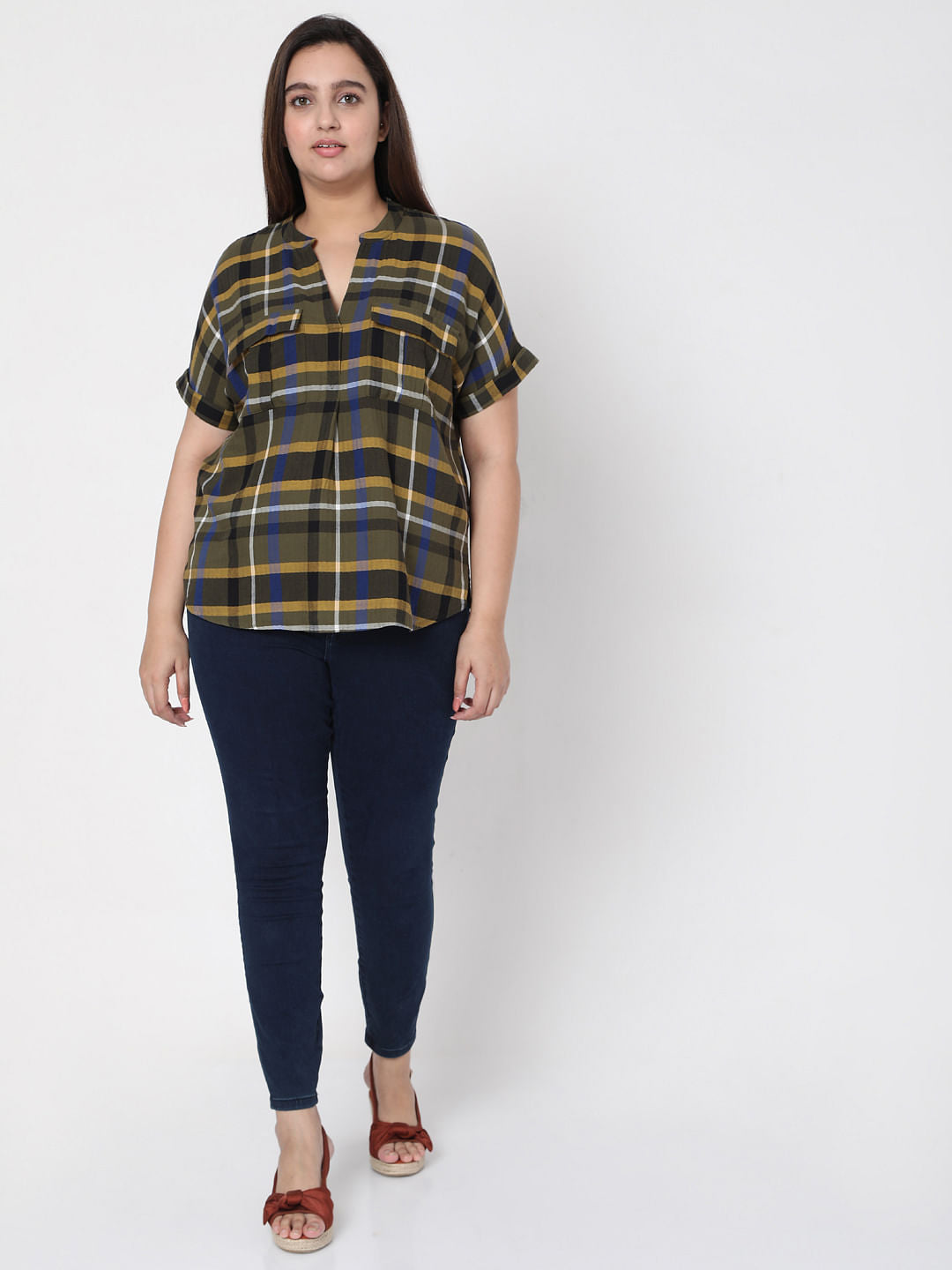 Curve Olive Green Check Top