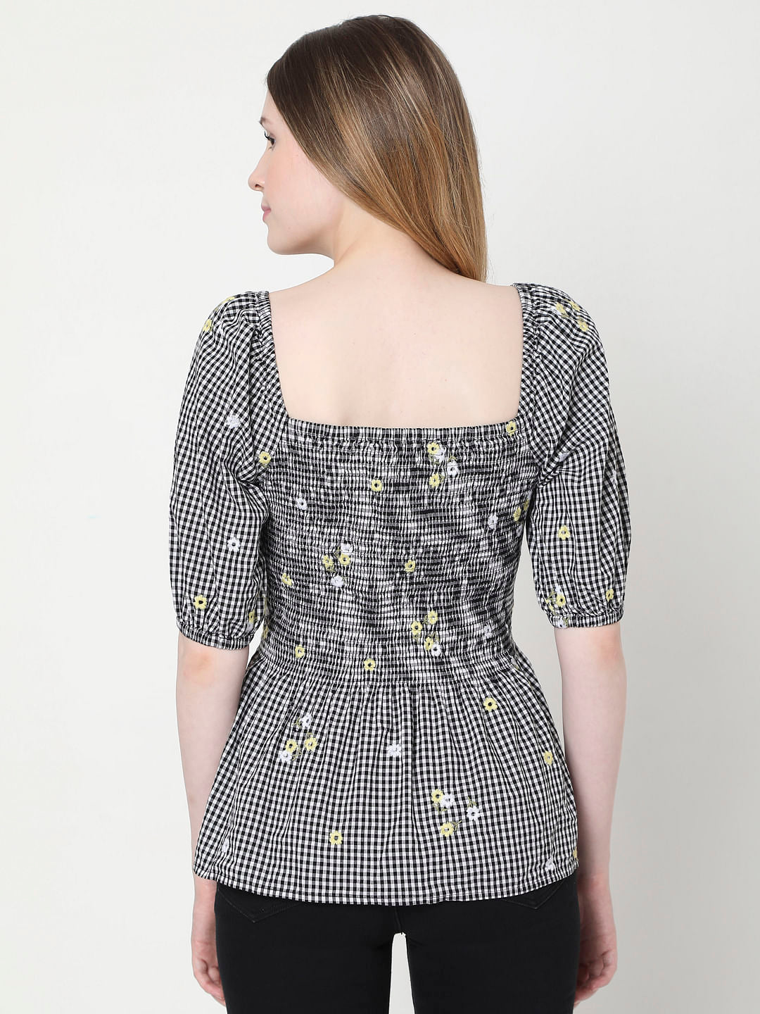 Black Check Smocked Top