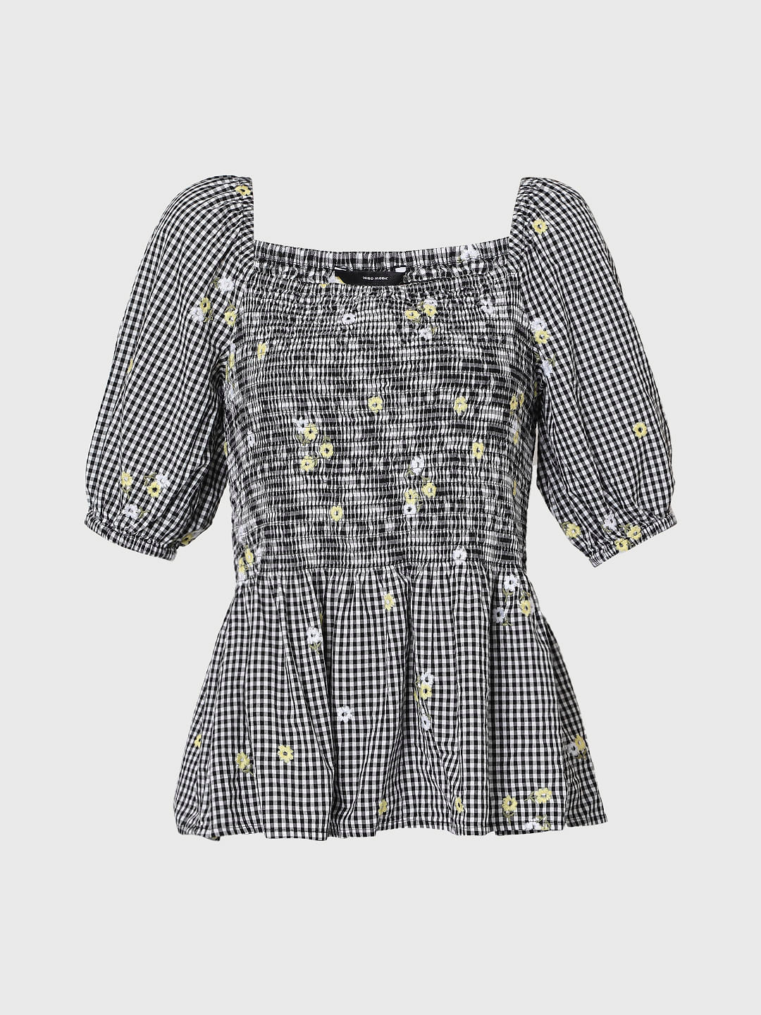 Black Check Smocked Top