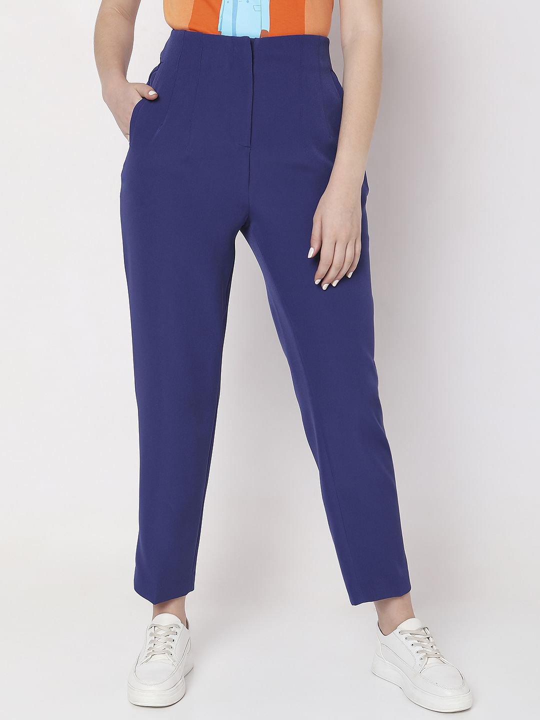 Blue High Rise Tapered Fit Pants