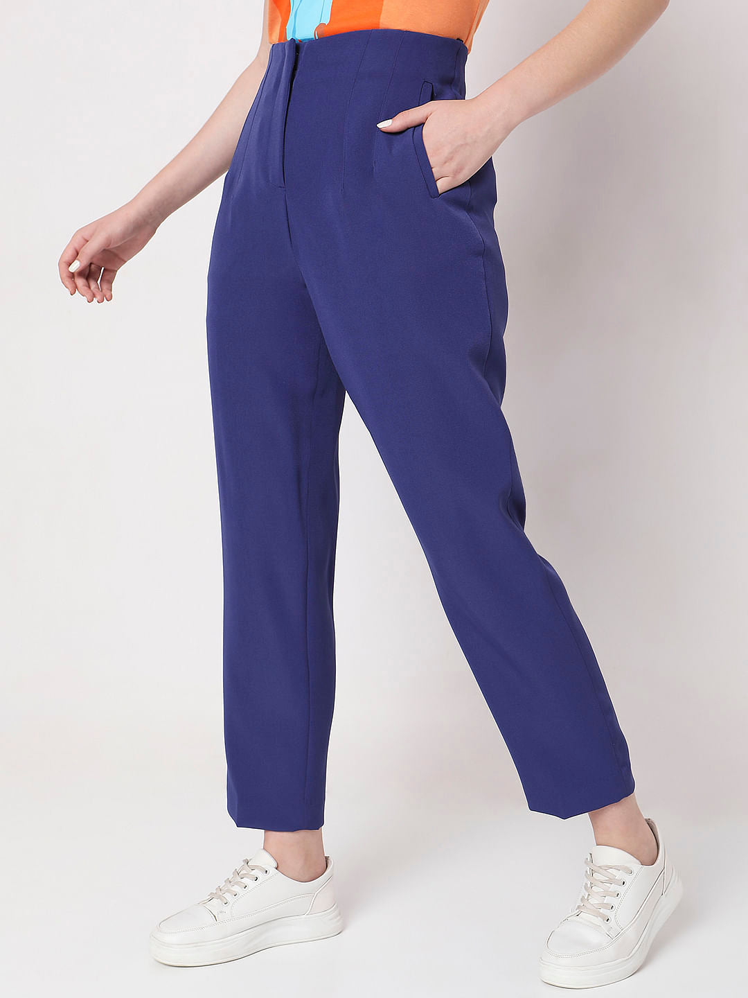 Blue High Rise Tapered Fit Pants