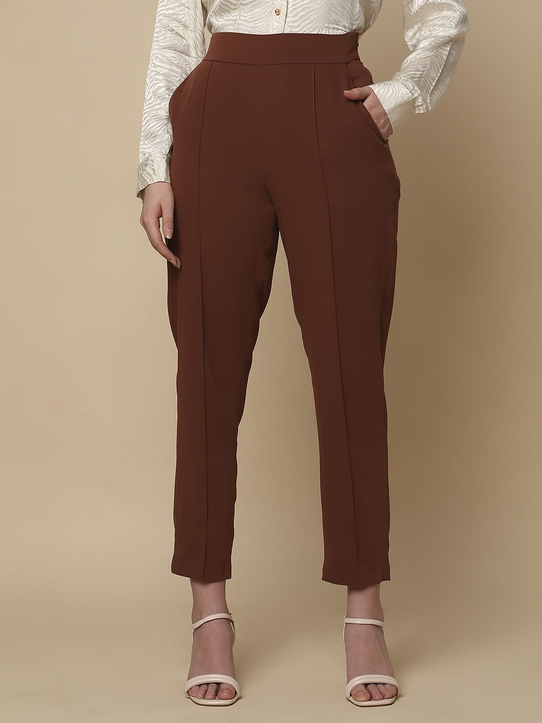 Brown High Rise Slim Fit Pants