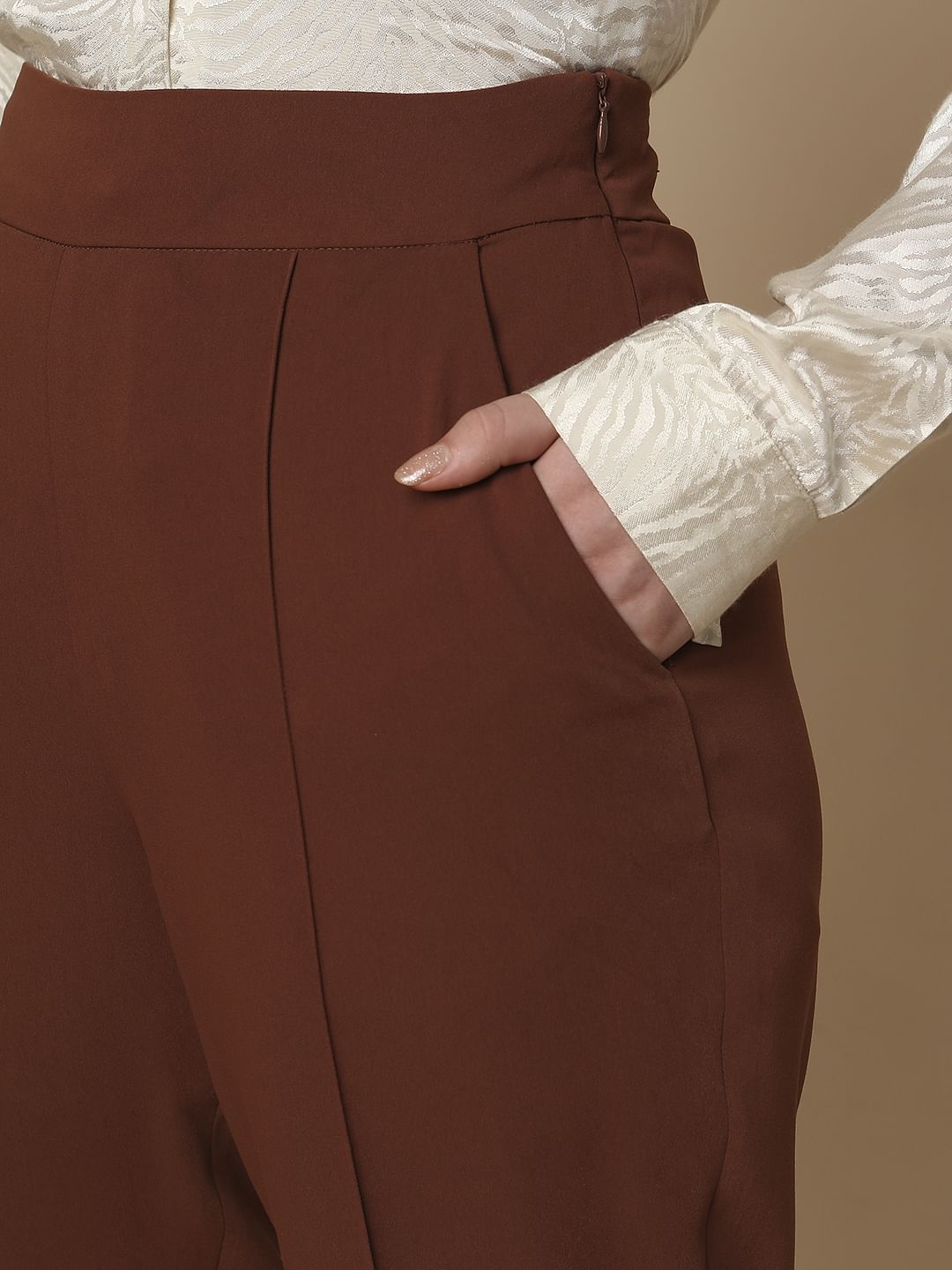 Brown High Rise Slim Fit Pants