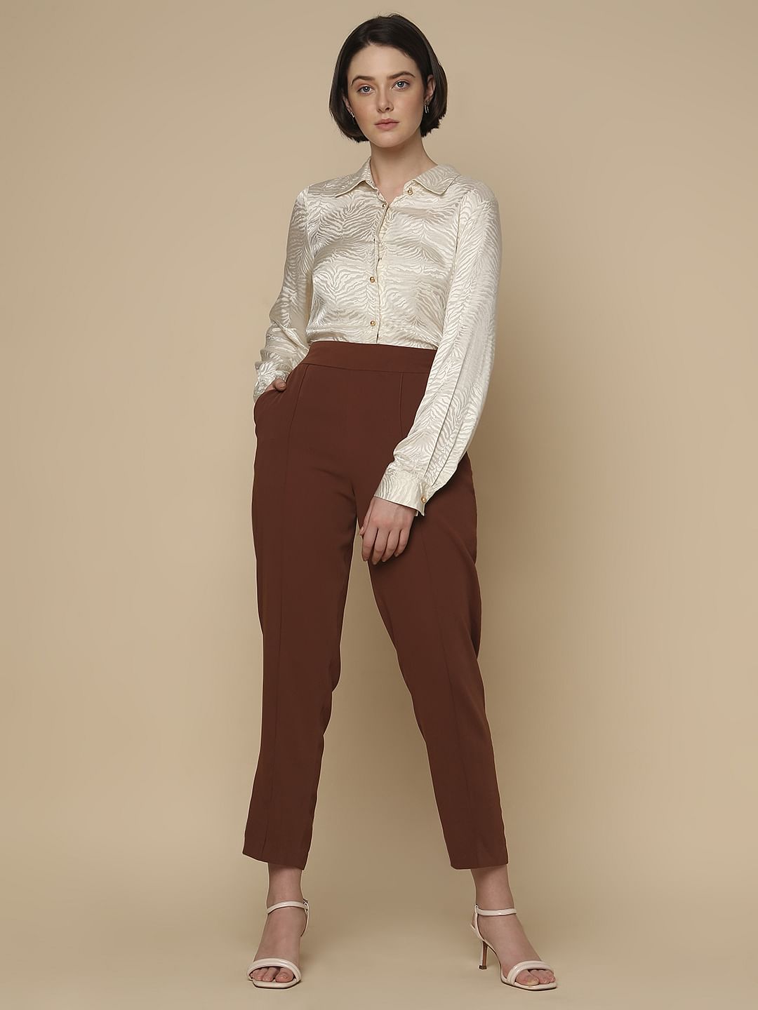 Brown High Rise Slim Fit Pants