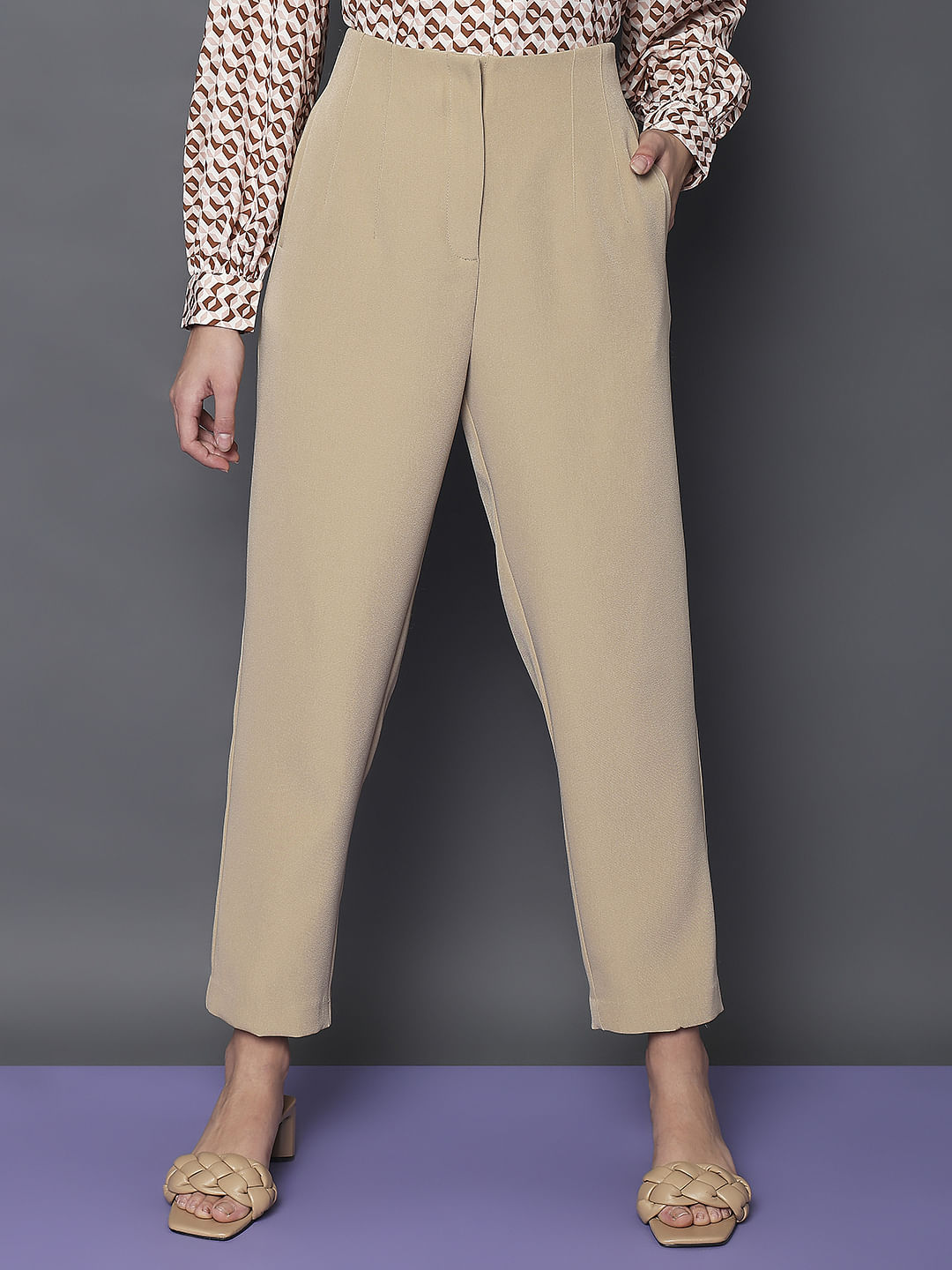 Beige High Rise Tapered Fit Pants