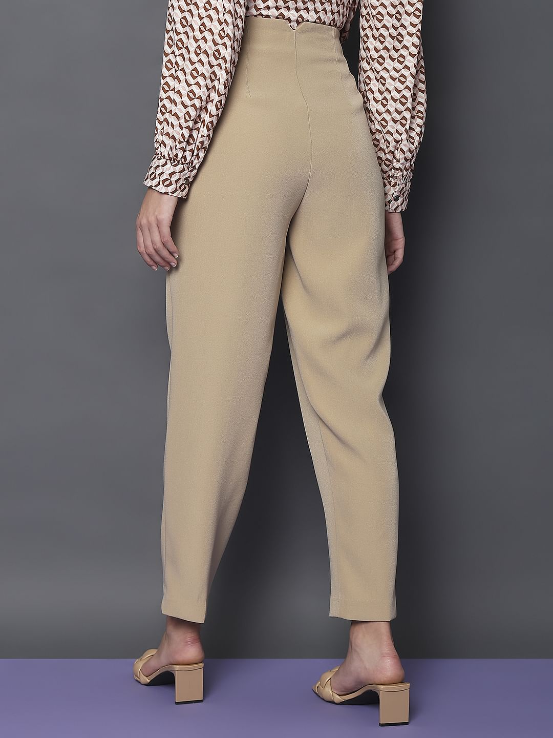 Beige High Rise Tapered Fit Pants